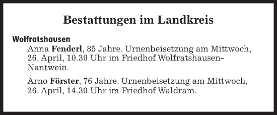 Traueranzeige von Bestattungen vom 26.04.2023 von Süddeutsche Zeitung