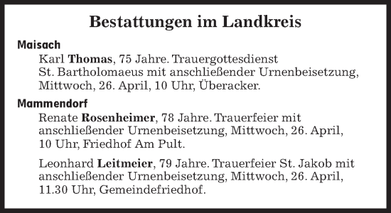 Traueranzeige von Bestattungen vom 26.04.2023 von Süddeutsche Zeitung