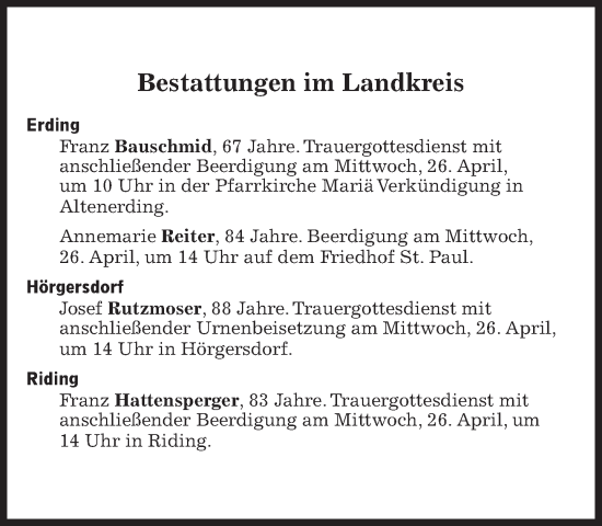 Traueranzeige von Bestattungen vom 26.04.2023 von Süddeutsche Zeitung