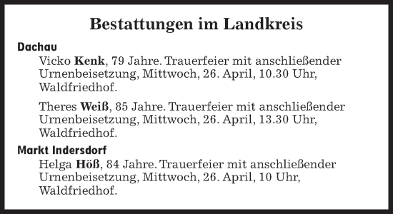 Traueranzeige von Bestattungen vom 26.04.2023 von Süddeutsche Zeitung