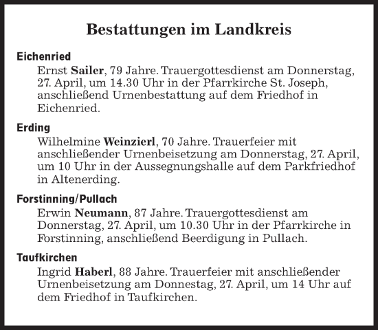 Traueranzeige von Bestattungen vom 27.04.2023 von Süddeutsche Zeitung