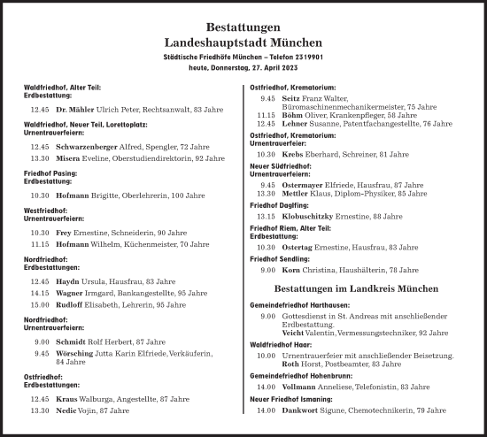 Traueranzeige von Bestattungen vom 27.04.2023 von Süddeutsche Zeitung