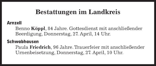 Traueranzeige von Bestattungen vom 27.04.2023 von Süddeutsche Zeitung