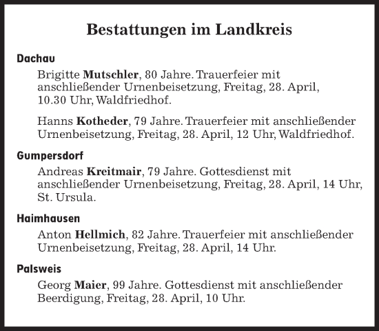 Traueranzeige von Bestattungen vom 28.04.2023 von Süddeutsche Zeitung