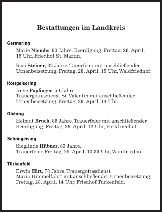 Traueranzeige von Bestattungen vom 28.04.2023 von Süddeutsche Zeitung