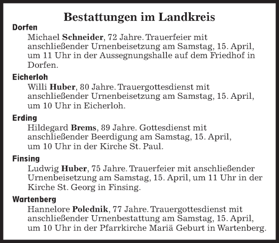 Traueranzeige von Bestattungskalender vom 15.04.2023 von Süddeutsche Zeitung