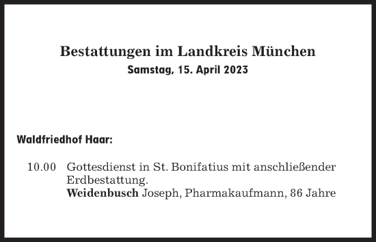 Traueranzeige von Bestattungskalender vom 15.04.2023 von Süddeutsche Zeitung