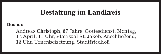 Traueranzeige von Bestattungskalender vom 17.04.2023 von Süddeutsche Zeitung