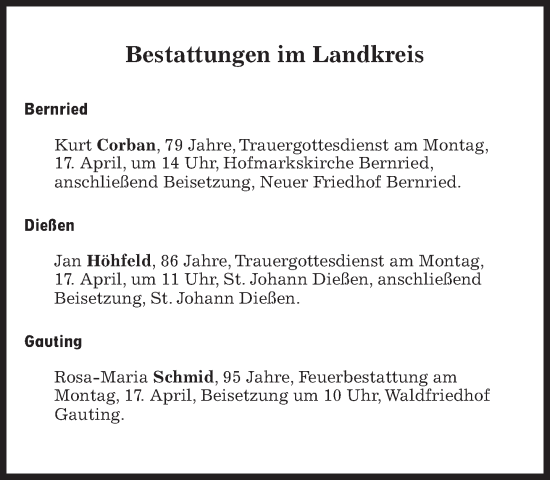 Traueranzeige von Bestattungskalender vom 17.04.2023 von Süddeutsche Zeitung