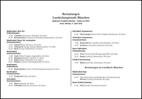 Traueranzeige von Bestattungskalender vom 17.04.2023 von Süddeutsche Zeitung