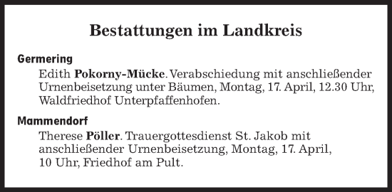 Traueranzeige von Bestattungskalender vom 17.04.2023 von Süddeutsche Zeitung