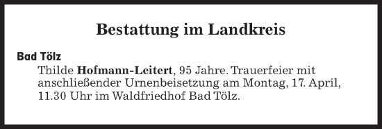 Traueranzeige von Bestattungskalender vom 17.04.2023 von Süddeutsche Zeitung