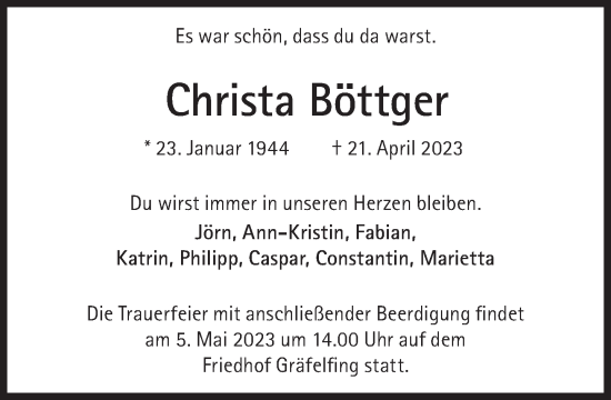 Traueranzeige von Christa Böttger von Süddeutsche Zeitung