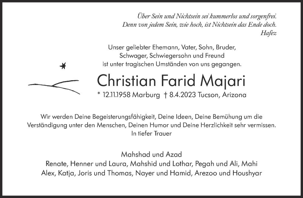  Traueranzeige für Christian Farid Majari vom 29.04.2023 aus Süddeutsche Zeitung