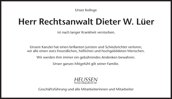 Traueranzeige von Dieter W. Lüer von Süddeutsche Zeitung