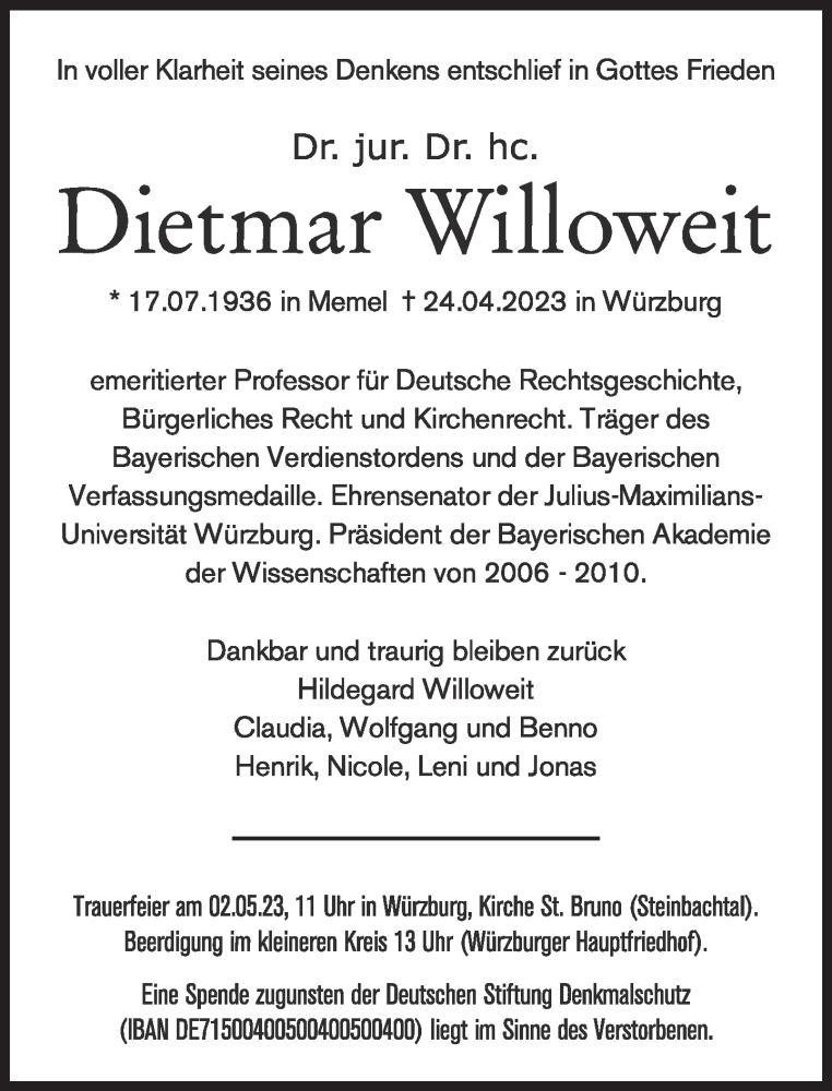  Traueranzeige für Dietmar Willoweit vom 28.04.2023 aus Süddeutsche Zeitung