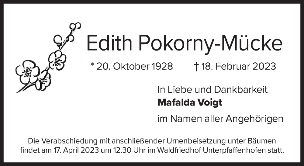  Traueranzeige für Edith Pokorny-Mücke vom 08.04.2023 aus Süddeutsche Zeitung