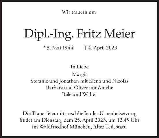 Traueranzeige von Fritz Meier von Süddeutsche Zeitung