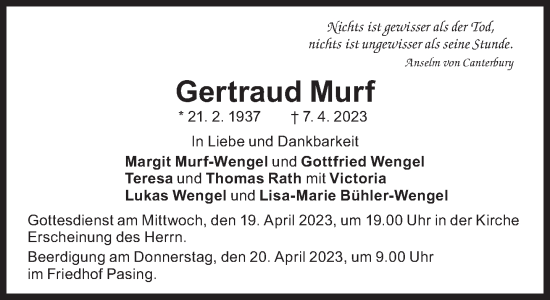 Traueranzeige von Gertraud Murf von Süddeutsche Zeitung