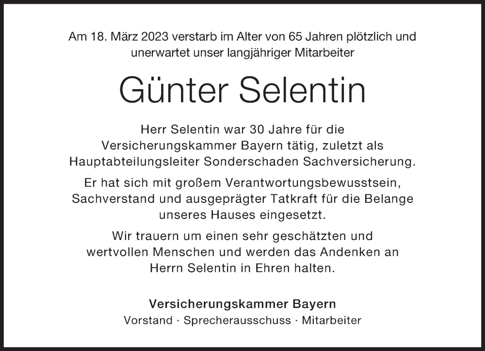  Traueranzeige für Günter Selentin vom 22.04.2023 aus Süddeutsche Zeitung
