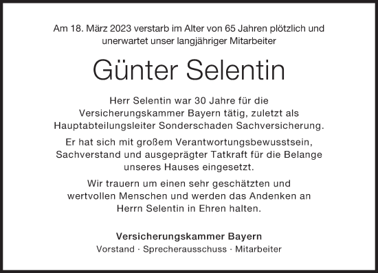 Traueranzeige von Günter Selentin von Süddeutsche Zeitung