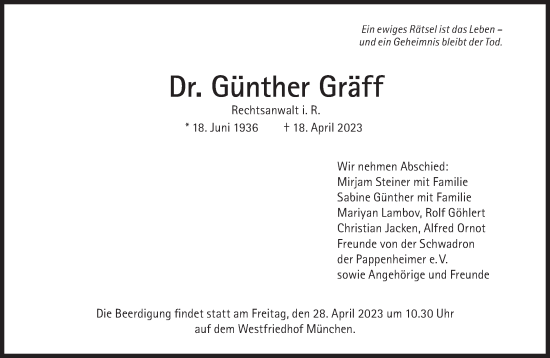 Traueranzeige von Günther Gräff von Süddeutsche Zeitung