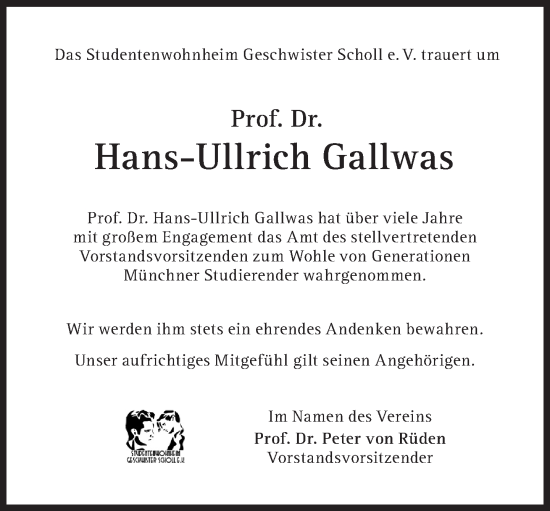 Traueranzeige von Hans-Ullrich Gallwas von Süddeutsche Zeitung
