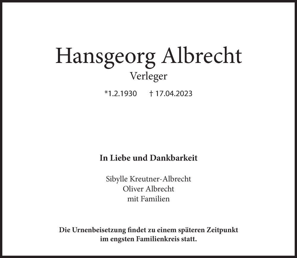  Traueranzeige für Hansgeorg Albrecht vom 22.04.2023 aus Süddeutsche Zeitung
