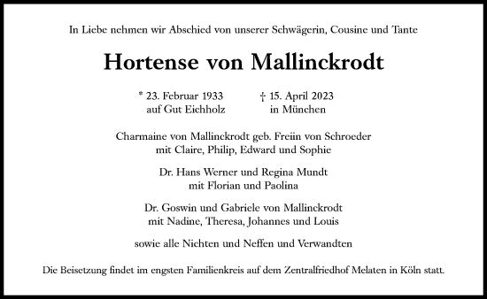 Traueranzeige von Hortense von Mallinckrodt von Süddeutsche Zeitung