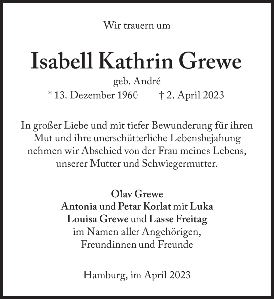 Traueranzeige von Isabell Kathrin Grewe  von Süddeutsche Zeitung