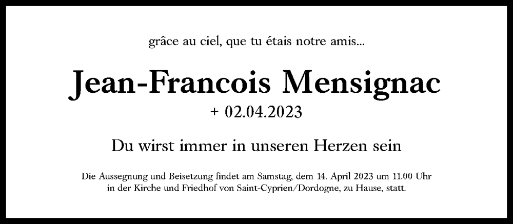  Traueranzeige für Jean-Francois Mensignac vom 13.04.2023 aus Süddeutsche Zeitung