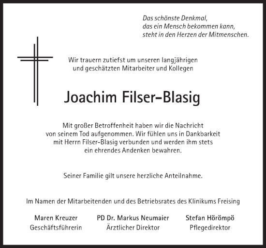 Traueranzeige von Joachim Filser-Blasig von Süddeutsche Zeitung