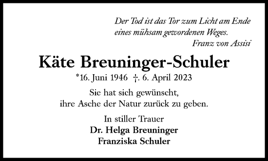 Traueranzeige von Käte Breuninger-Schuler von Süddeutsche Zeitung