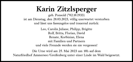 Traueranzeige von Karin Zitzlsperger von Süddeutsche Zeitung