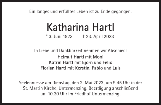 Traueranzeige von Katharina Hartl von Süddeutsche Zeitung