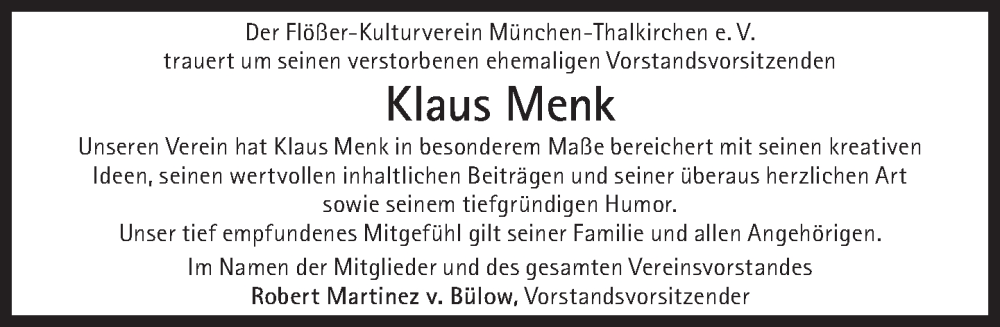 Traueranzeige für Klaus Menk vom 29.04.2023 aus Süddeutsche Zeitung
