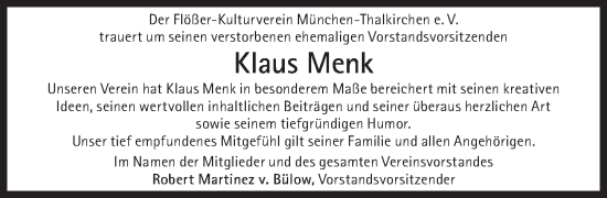 Traueranzeige von Klaus Menk von Süddeutsche Zeitung