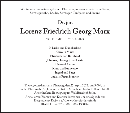 Traueranzeige von Lorenz Friedrich Georg Marx von Süddeutsche Zeitung
