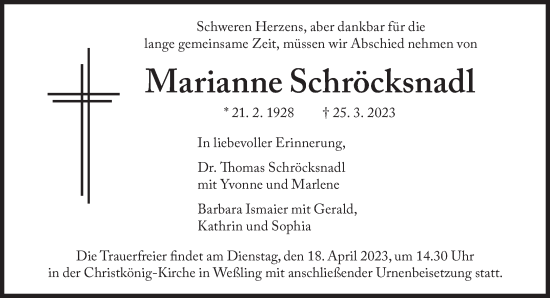 Traueranzeige von Marianne Schröcksnadl von Süddeutsche Zeitung