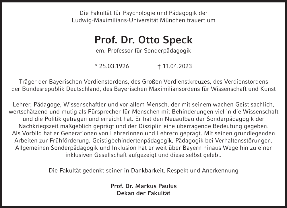  Traueranzeige für Otto Speck vom 22.04.2023 aus Süddeutsche Zeitung