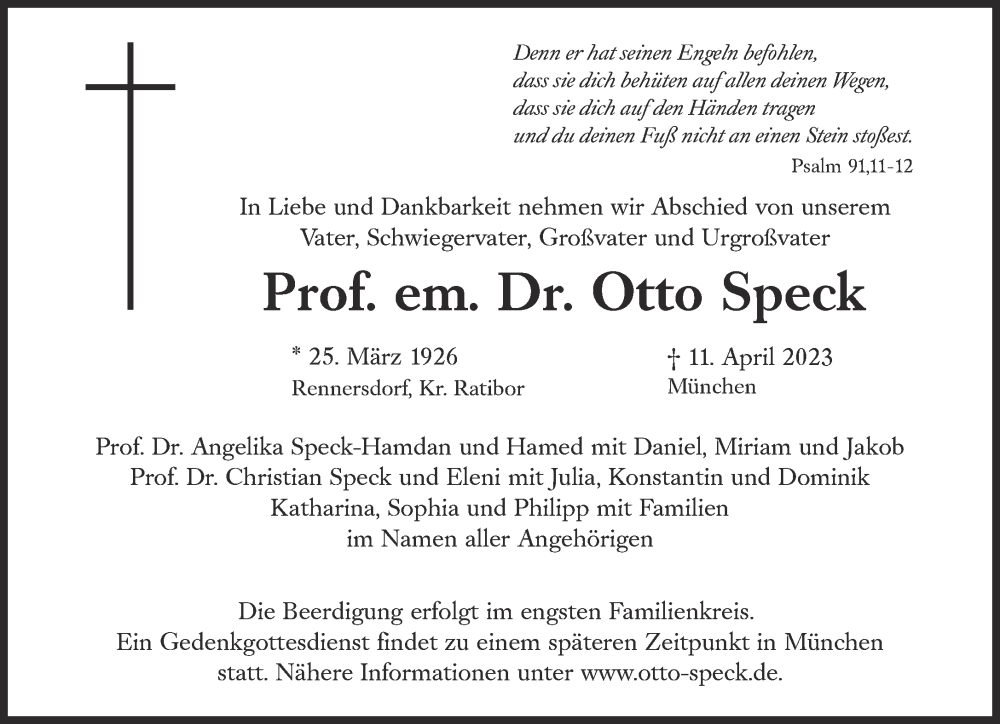  Traueranzeige für Otto Speck vom 15.04.2023 aus Süddeutsche Zeitung