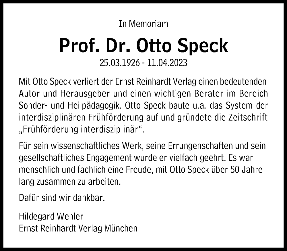 Traueranzeige für Otto Speck vom 18.04.2023 aus Süddeutsche Zeitung