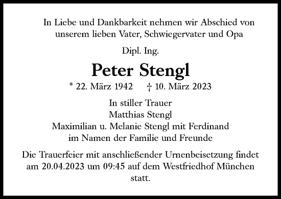 Traueranzeige von Peter Stengl von Süddeutsche Zeitung