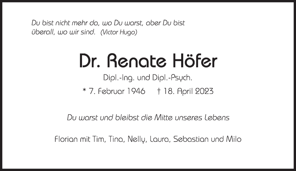  Traueranzeige für Renate Höfer vom 29.04.2023 aus Süddeutsche Zeitung