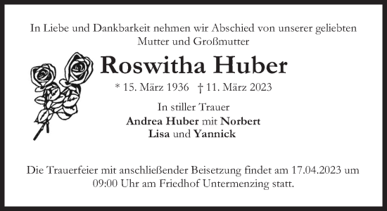 Traueranzeige von Roswitha Huber von Süddeutsche Zeitung