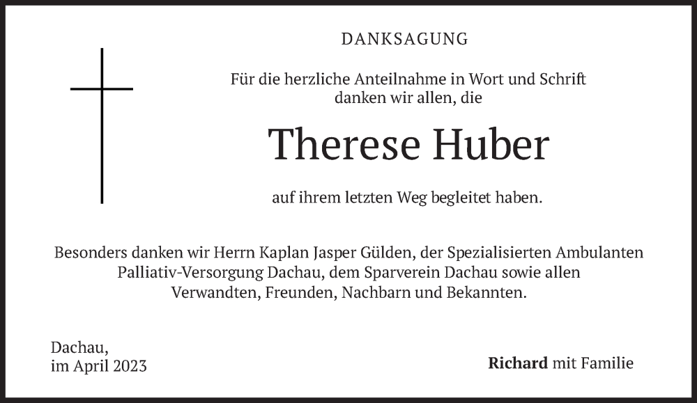  Traueranzeige für Therese Huber vom 14.04.2023 aus Süddeutsche Zeitung