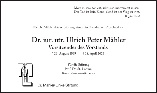 Traueranzeige von Ulrich Peter Mähler von Süddeutsche Zeitung