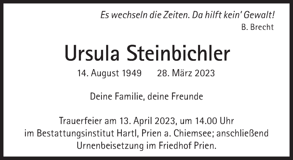  Traueranzeige für Ursula Steinbichler vom 08.04.2023 aus Süddeutsche Zeitung
