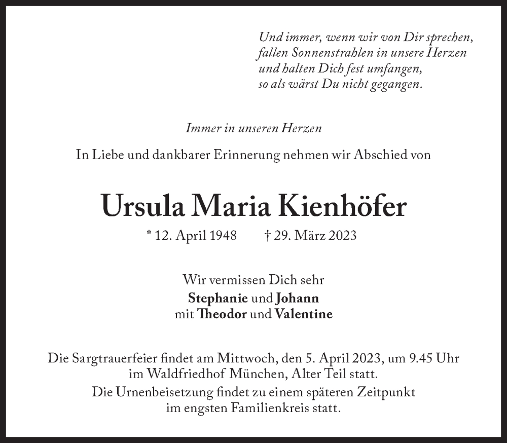 Traueranzeige für Ursula Maria Kienhöfer vom 04.04.2023 aus Süddeutsche Zeitung