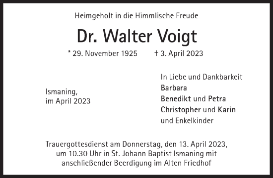 Traueranzeige von Walter Voigt von Süddeutsche Zeitung
